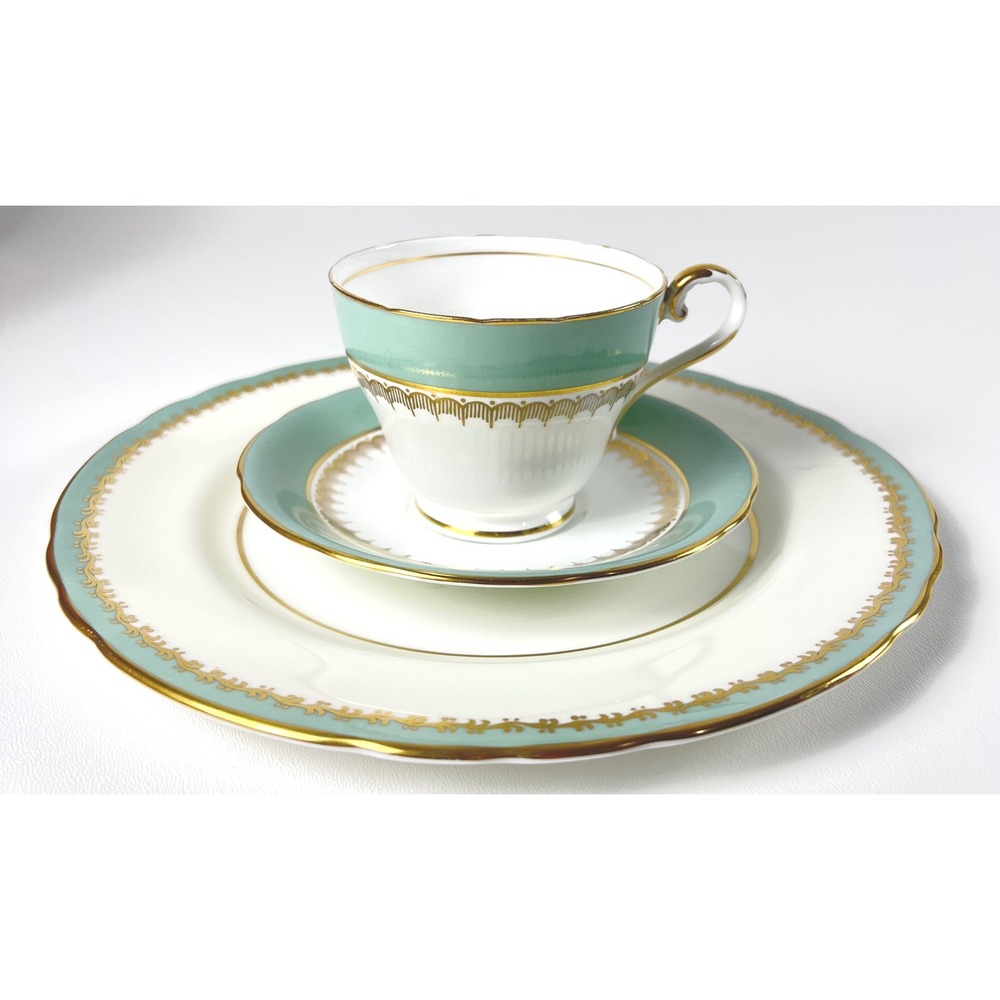 Vintage Aynsley Bone China 1170 Turquoise Gold Teacup Saucer Plate Trio England